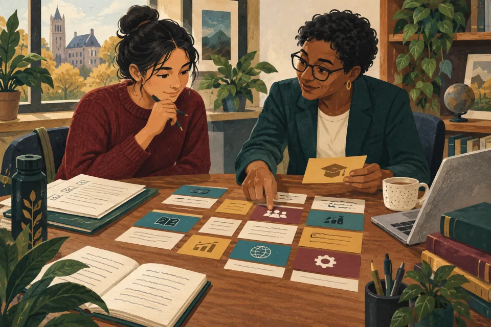 Editorial illustration: a student and academic adviser arrange course cards into a realistic semester plan around a desk.