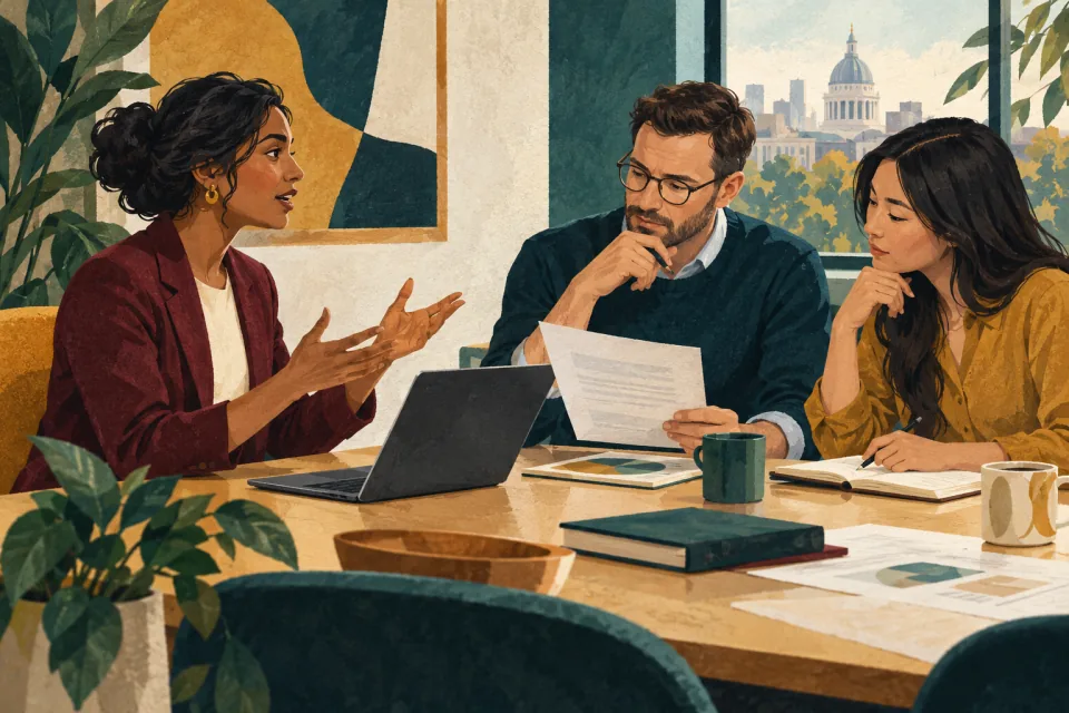 Editorial illustration: a professional speaks across a meeting table while two listeners examine a work task rather than judging the speaker.