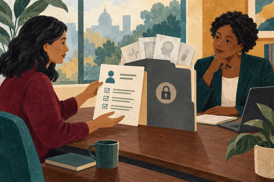 Editorial illustration: a medical document folder is partly screened while only job-relevant functional information is shared with an HR professional.