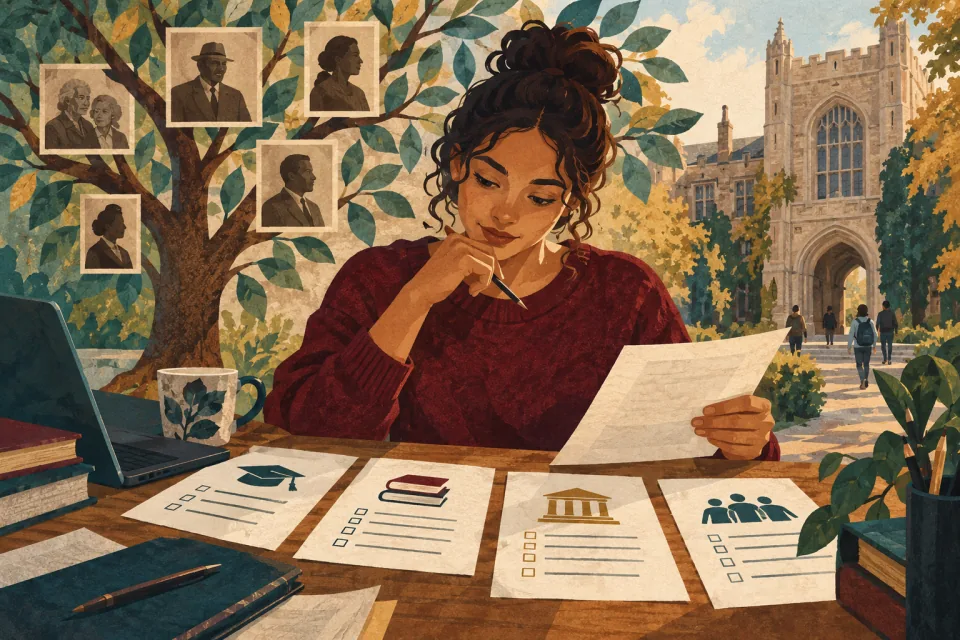 Editorial illustration: a student studies different college program criteria beside a family tree and a university doorway.
