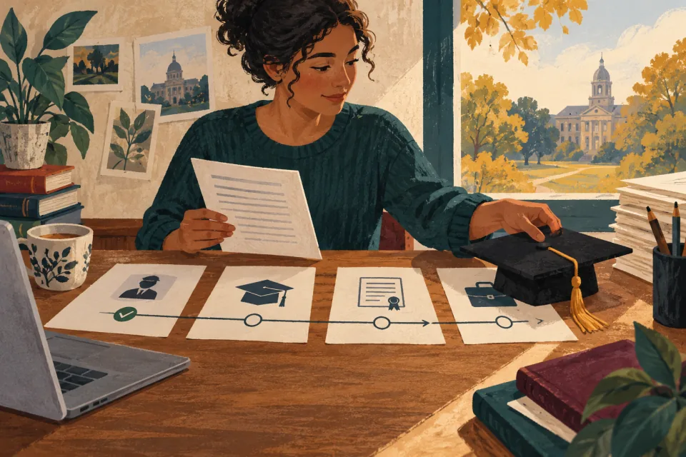 Editorial illustration: a soon-to-graduate student coordinates a graduation cap, calendar pages and application documents on a desk.