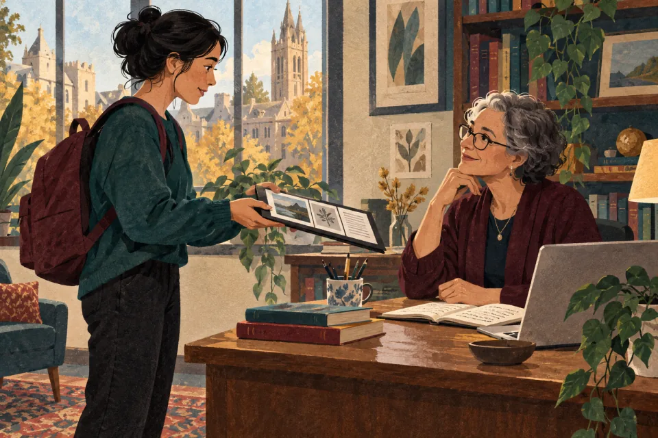 Editorial illustration: a student offers a professor a concise portfolio of their work while requesting a recommendation.