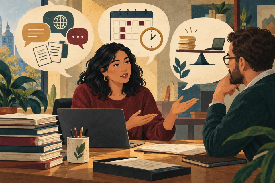 Editorial illustration: a bilingual employee balances translation requests and their primary work while discussing clear limits with a manager.