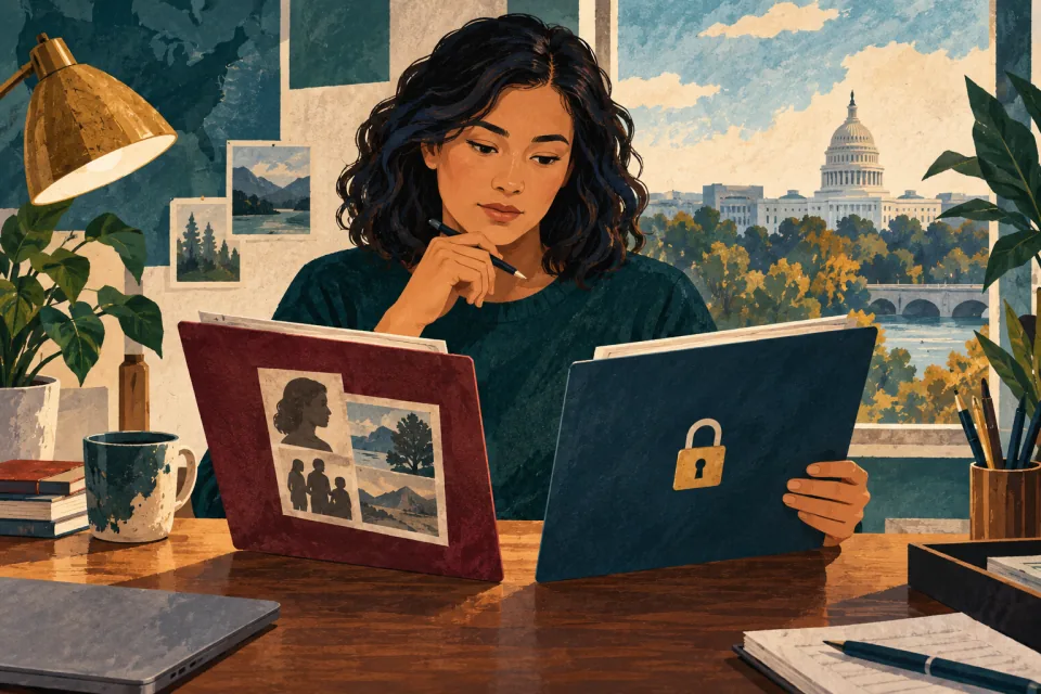 Editorial illustration: a candidate studies two distinct document folders, one with a personal history and another protected by a small lock.