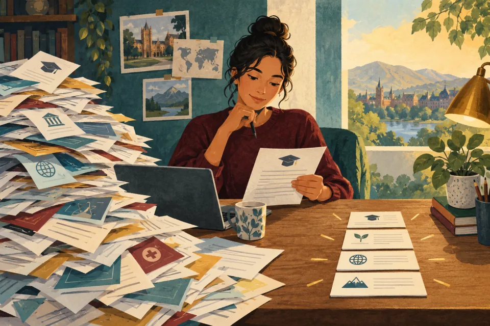 Editorial illustration: a student narrows a sprawling pile of scholarship opportunities into a small well-matched shortlist.