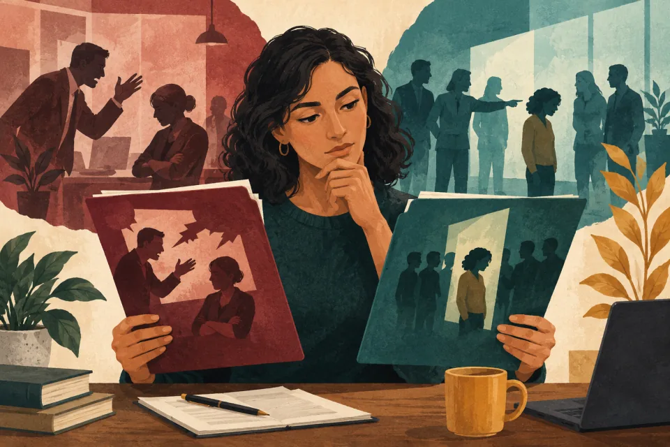 Editorial illustration: a person compares the context of workplace conflict and a pattern of targeted hostile behavior using two separate evidence folders.