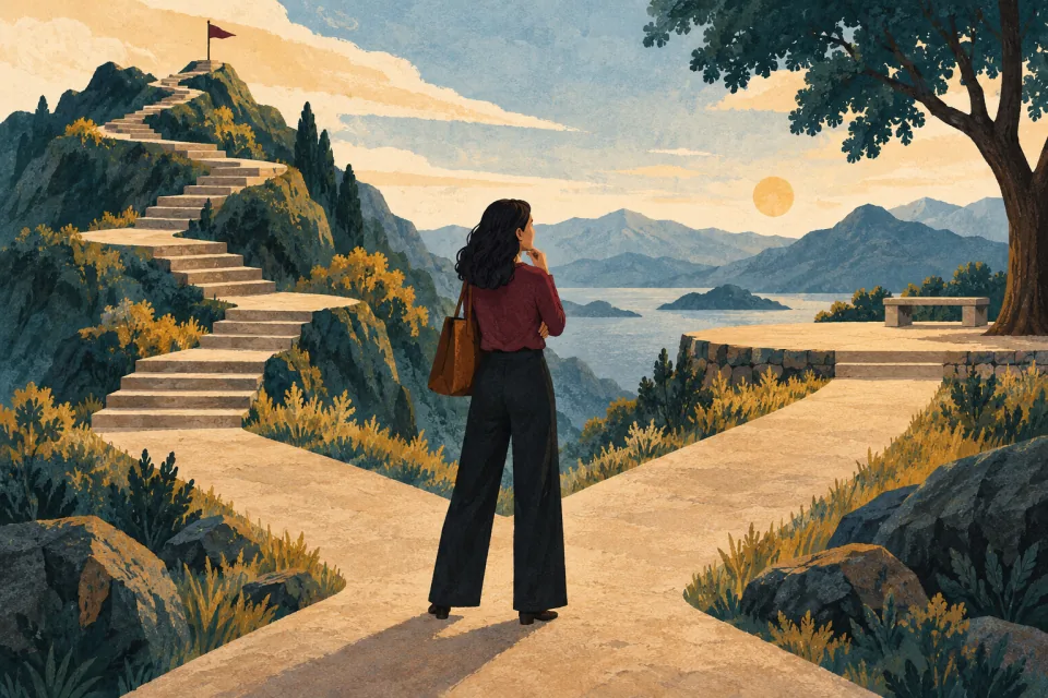 Editorial illustration: two career paths diverge: a staircase with successive landings and a stable platform, with a professional weighing both.