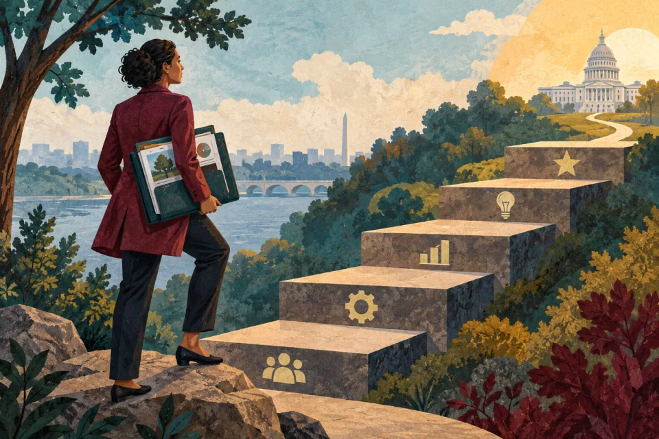 Editorial illustration: an experienced professional compares differently elevated career steps while holding a portfolio of completed projects.