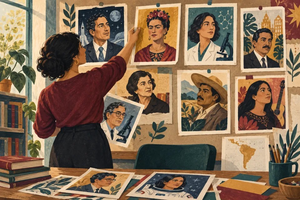 Editorial illustration: a teacher selects diverse portraits of scientists, writers, civic leaders and artists for a thoughtful classroom display.