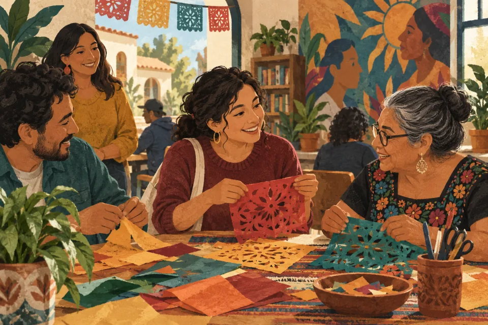 Editorial illustration: a person visits a local community organization and joins a small meaningful activity with neighbors.