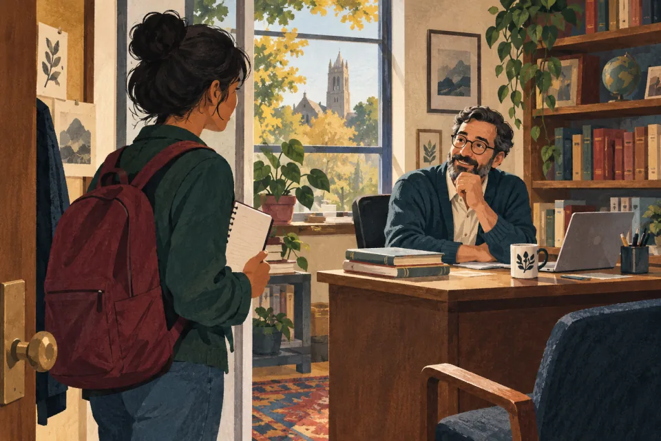 Editorial illustration: a student arrives at a professor's open office with a notebook and a single question ready to discuss.