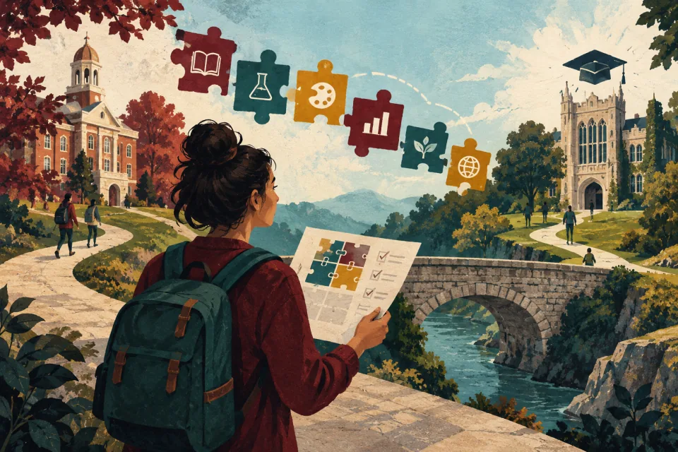 Editorial illustration: a transferring student checks how course blocks fit into a new degree pathway before crossing between two college campuses.