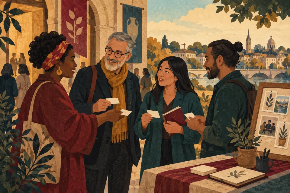 Editorial illustration: after a heritage event, several attendees exchange contact cards and plan a small recurring community project.
