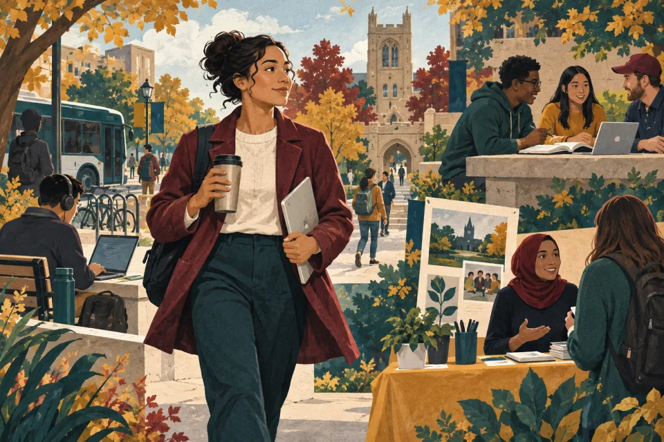 Editorial illustration: a commuter student fits meaningful campus connections into short windows between work, travel and classes.