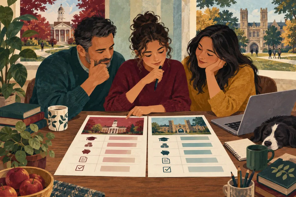Editorial illustration: a family compares two college offers by placing grant support and remaining costs into clear separate columns on a table.