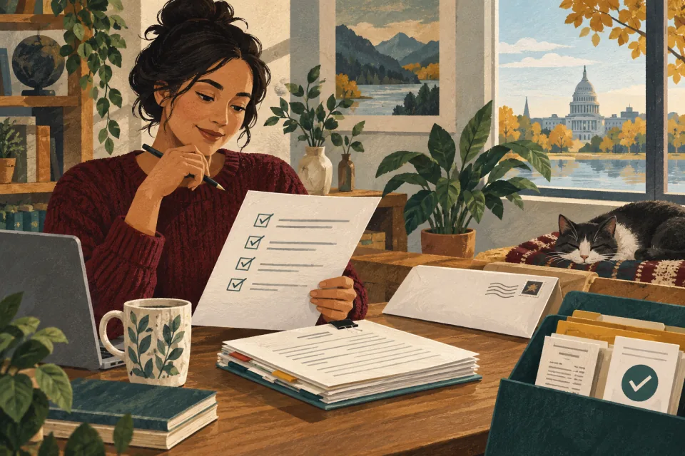 Editorial illustration: an applicant checks a complete application packet beside a sent envelope and an organized receipt folder.