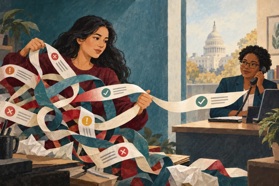 Editorial illustration: a candidate untangles two contradictory paper notification ribbons into a single clear line to an agency contact.