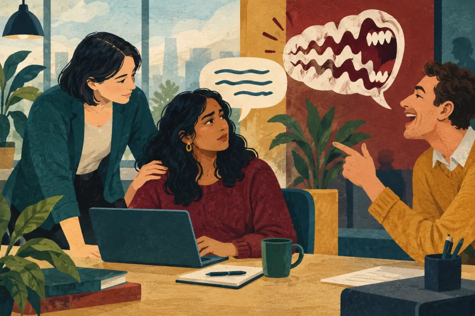 Editorial illustration: a colleague gently intervenes beside a worker whose speech bubble has been distorted by another person.