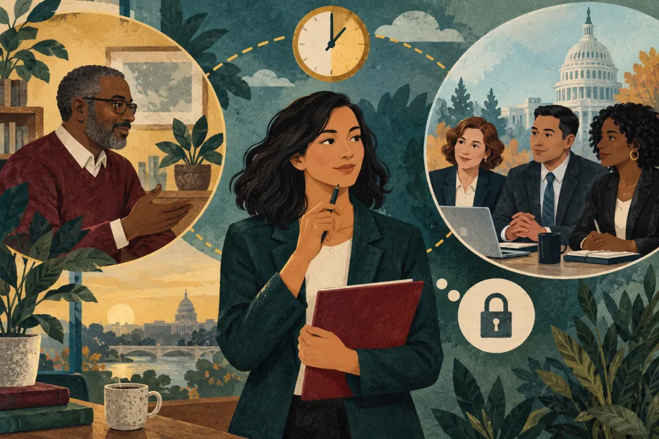 Editorial illustration: a candidate carefully connects their current supervisor and prospective hiring team while considering timing and privacy.