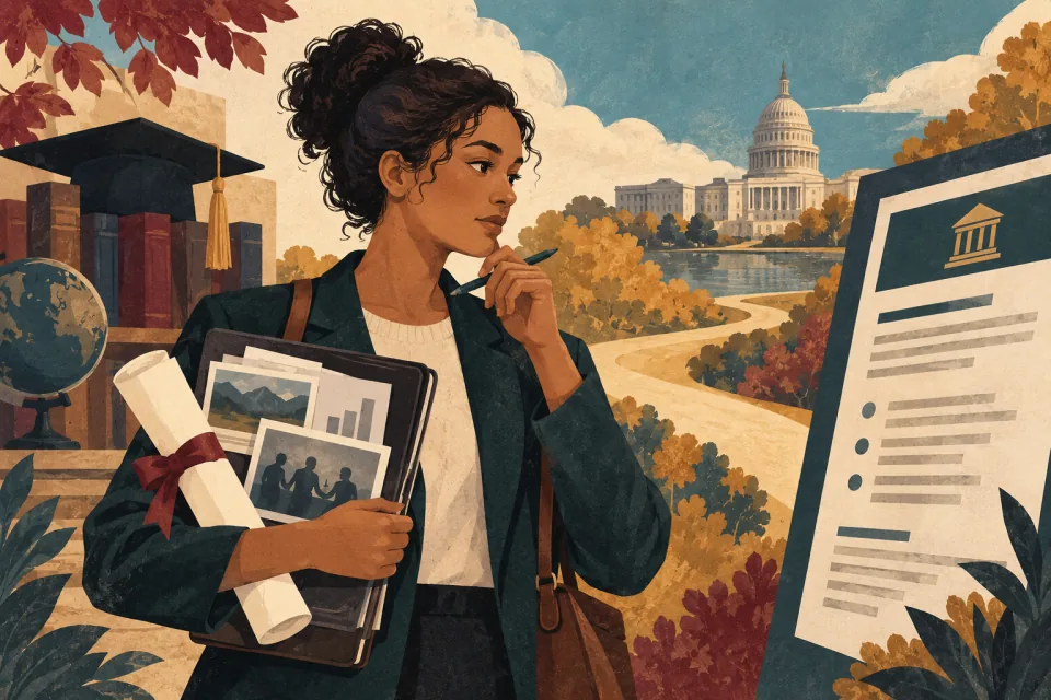 Editorial illustration: a graduate balances a diploma scroll and a folder of practical work examples while examining a job description.