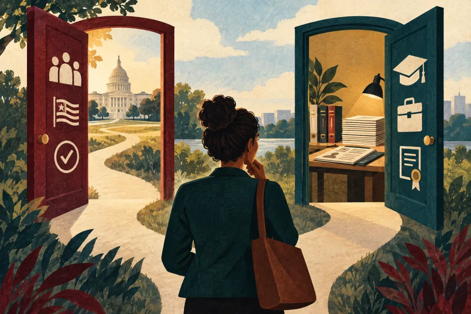 Editorial illustration: an applicant studies two successive doorways, the first checking access and the second evaluating a portfolio of evidence.