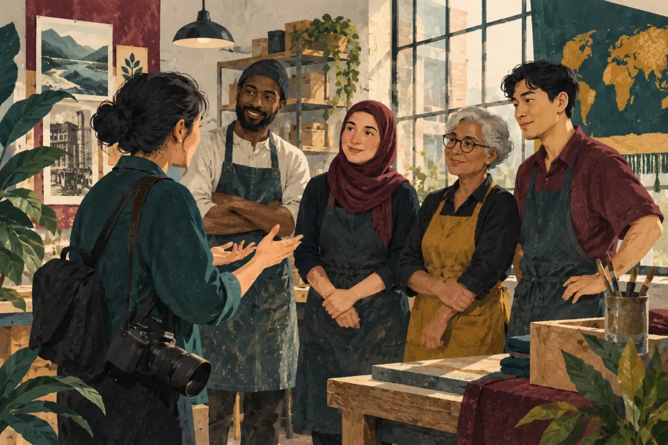 Editorial illustration: a photographer pauses to ask a small group for consent before sharing their workplace heritage portrait.