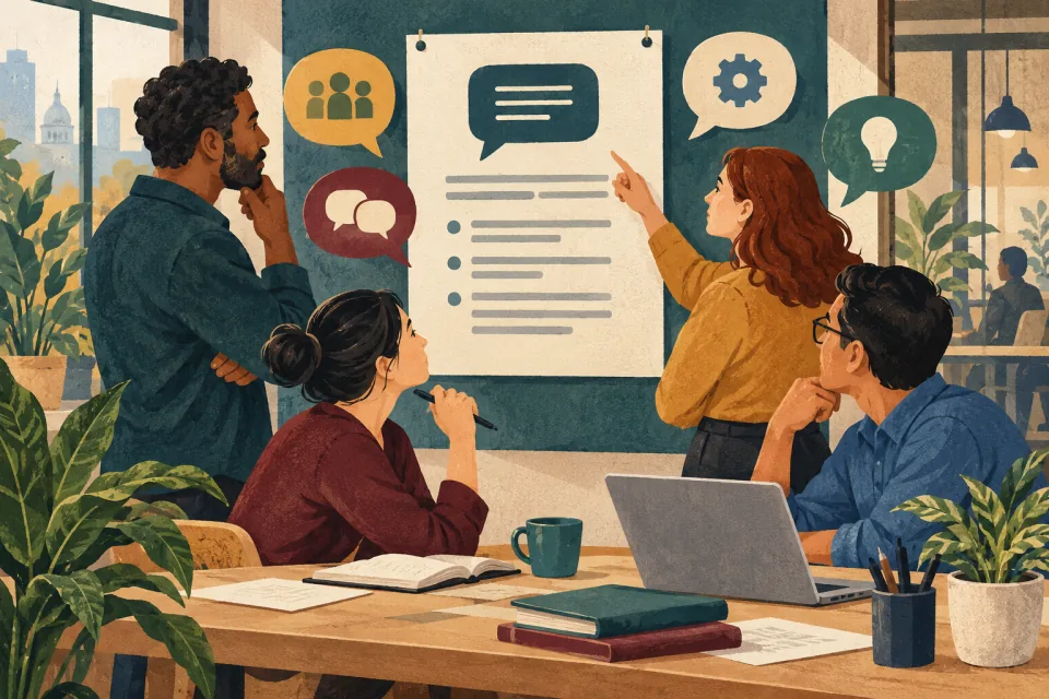 Editorial illustration: a diverse team examines a posted workplace language rule together, with open speech shapes and a contextual work task.