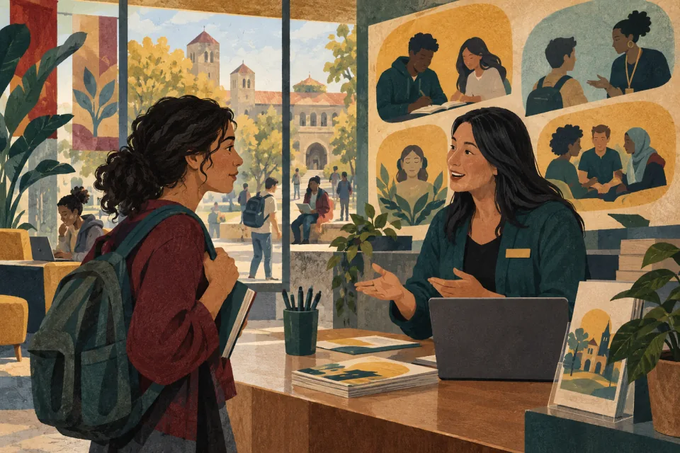 Editorial illustration: a prospective student on a campus visit asks staff about tutoring, advising and student support at an information desk.
