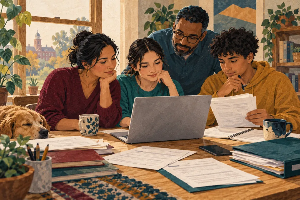 Editorial illustration: a family prepares aid-application documents together around a laptop, patiently working through an unfamiliar process.