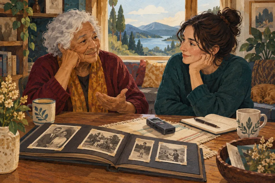Editorial illustration: an older family member and a younger relative share an oral-history conversation beside a recorder and a family photo album.