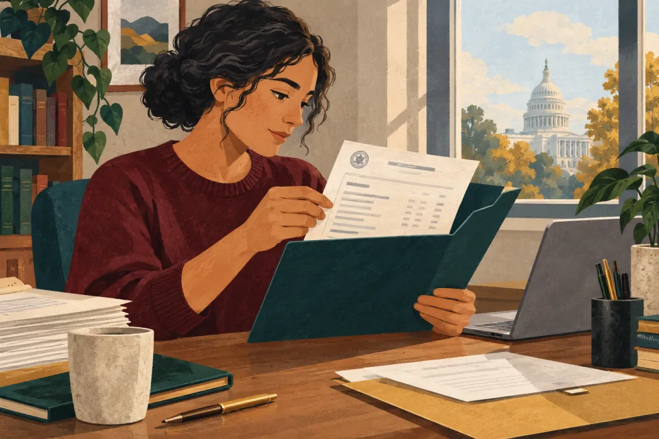Editorial illustration: a student inspects a transcript inside a document folder before attaching it to an application.