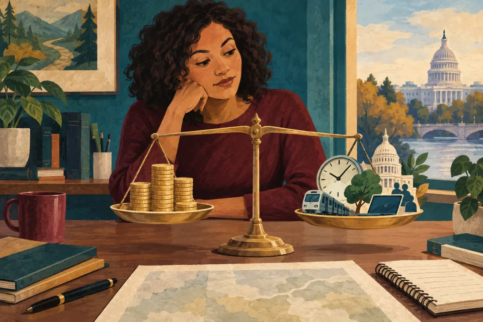 Editorial illustration: a professional weighs income coins against time, commute and meaningful work symbols on a thoughtful decision table.