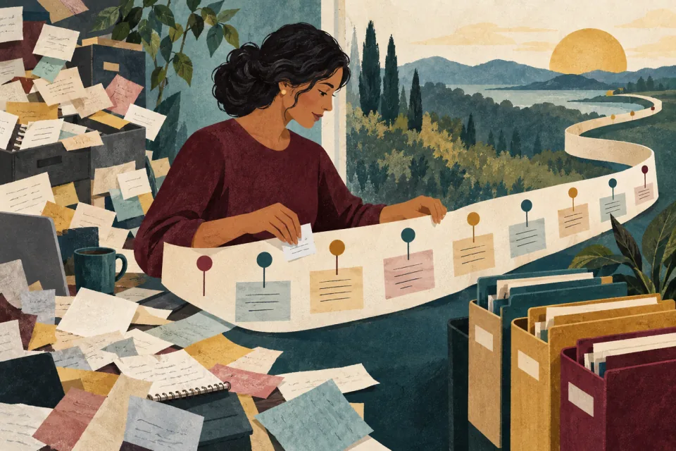 Editorial illustration: a long history of scattered workplace notes becomes a clear chronological ribbon with dated event markers and supporting folders.