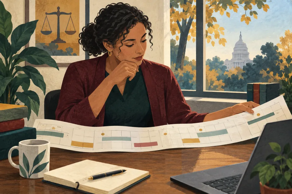 Editorial illustration: an employee carefully reviews an extended calendar strip before agreeing to additional counseling time.