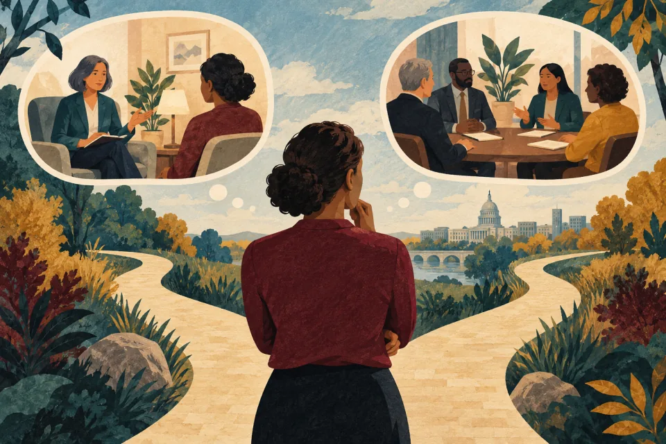 Editorial illustration: an employee considers a private counselor conversation and a mediated round-table discussion as two distinct preparation choices.