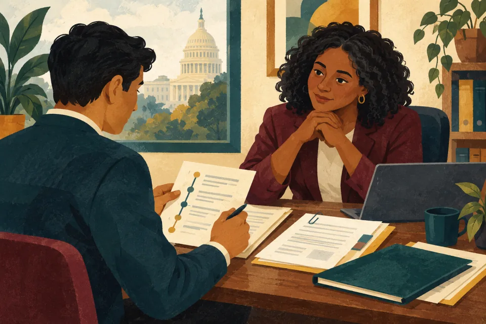 Editorial illustration: a federal employee prepares a small chronology and key documents for a first conversation with an EEO counselor.