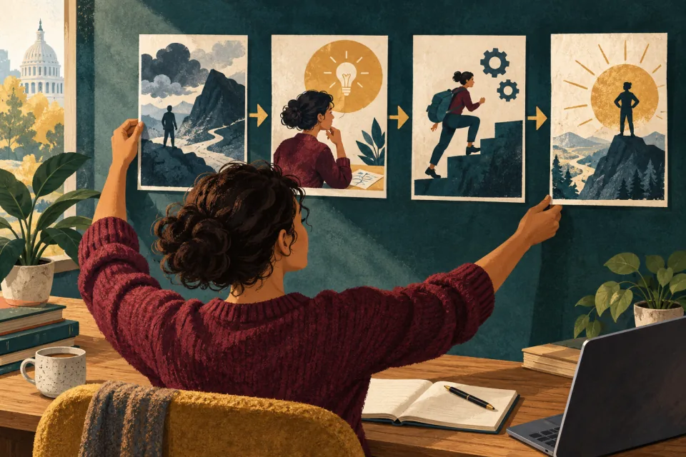 Editorial illustration: a candidate arranges four panels of a past project, from challenge through action to outcome, into a clear interview story.