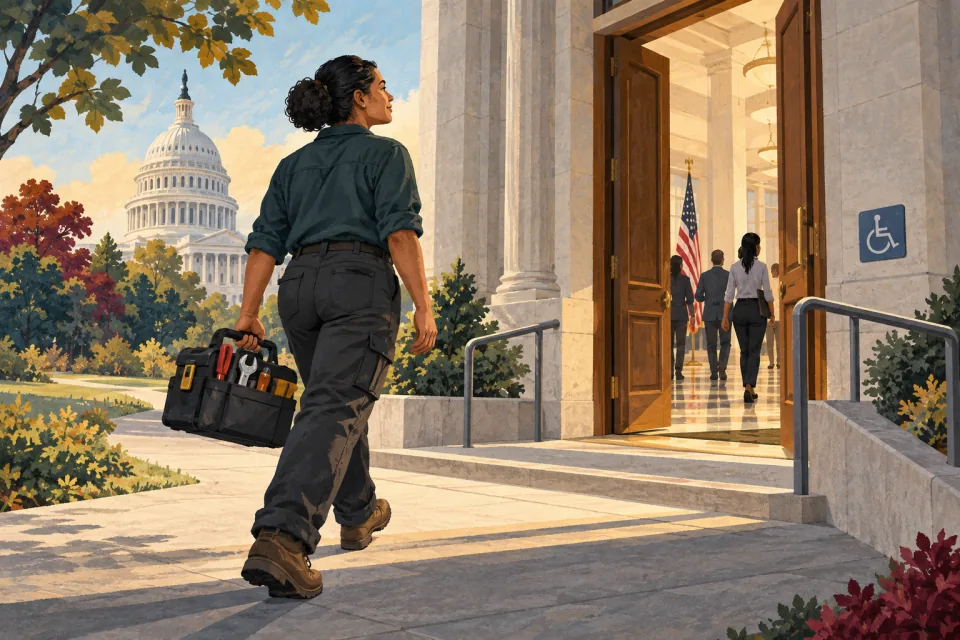 Editorial illustration: a skilled technician with a toolkit confidently approaches a civic office through an open accessible doorway.