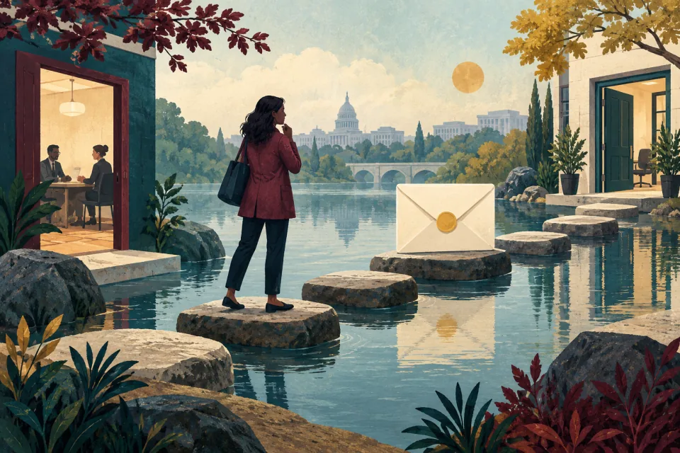Editorial illustration: an applicant pauses on a sequence of stepping stones from an interview room through an envelope to a confirmed office door.