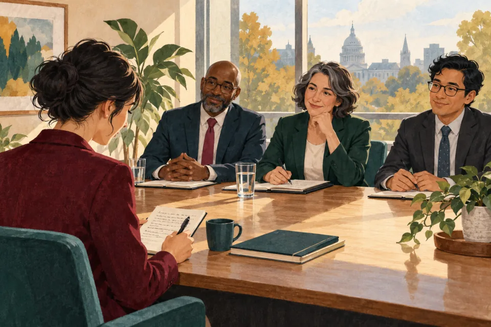 Editorial illustration: a nervous candidate calmly prepares notes before three welcoming interviewers across a table in a bright room.