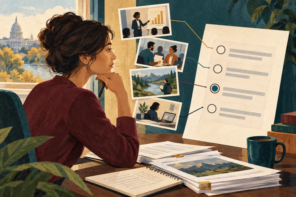 Editorial illustration: a professional thoughtfully compares their real completed work with the levels on an abstract self-assessment sheet.