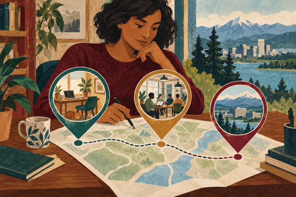 Editorial illustration: a person compares a home workspace, a shared office and a distant workplace location along a simple map.