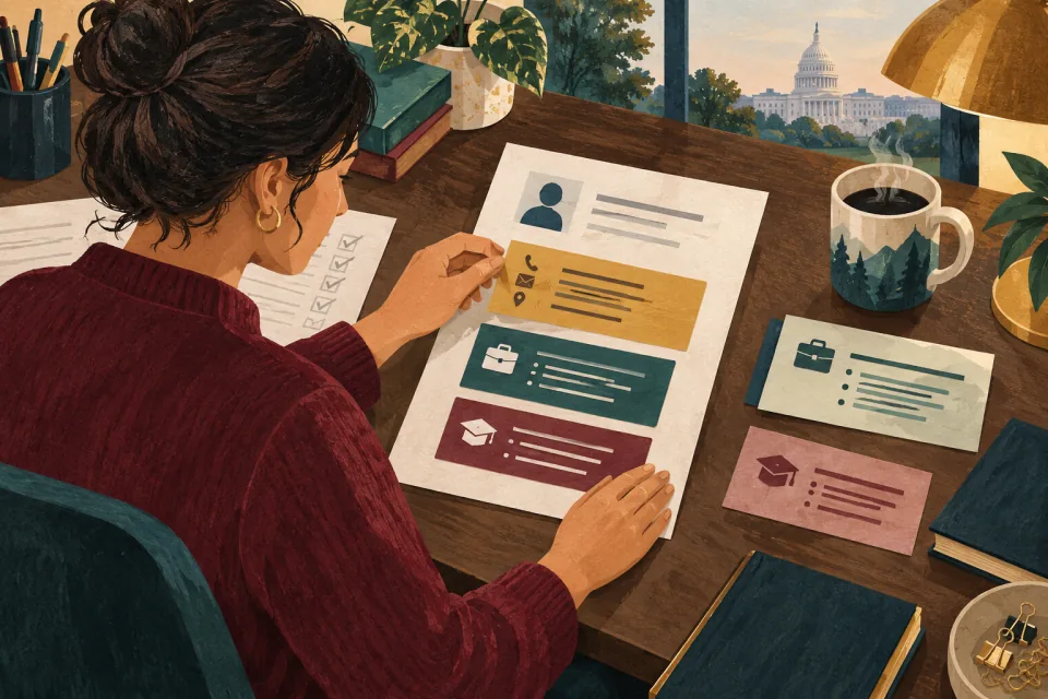 Editorial illustration: a meticulous editor arranges essential contact, employment and experience blocks on a compact resume at a desk.