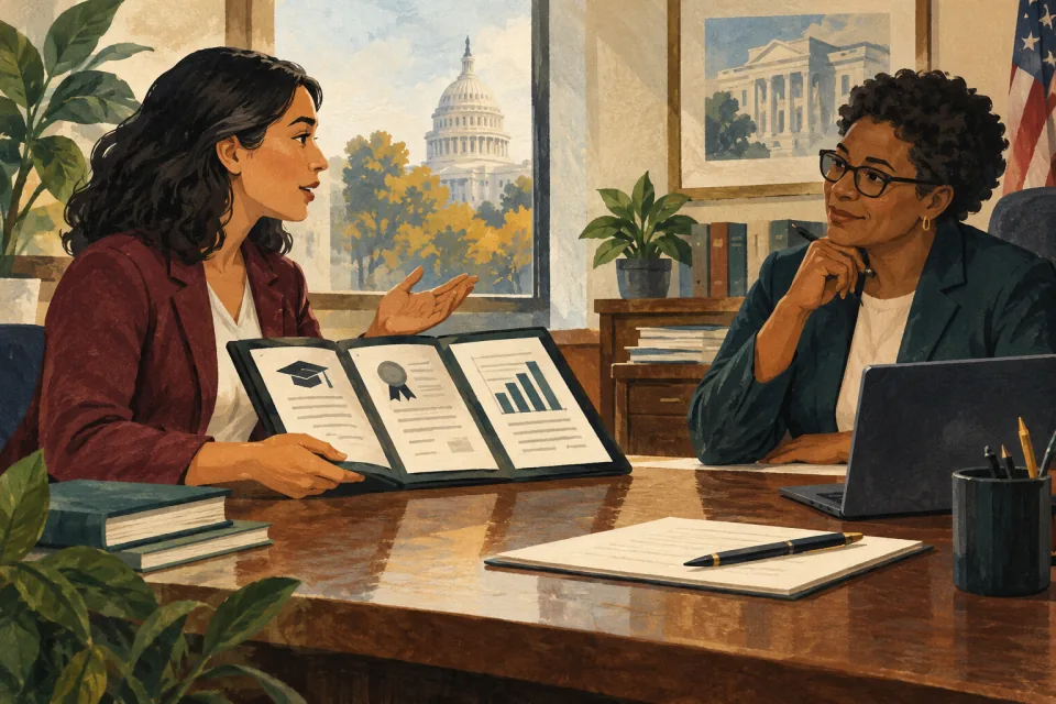 Editorial illustration: a candidate presents a portfolio of strong qualifications while discussing a higher starting step with a hiring official.