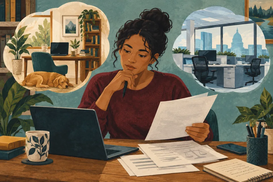 Editorial illustration: a remote worker reviews a changed accommodation arrangement with their employer, comparing home and office work needs.