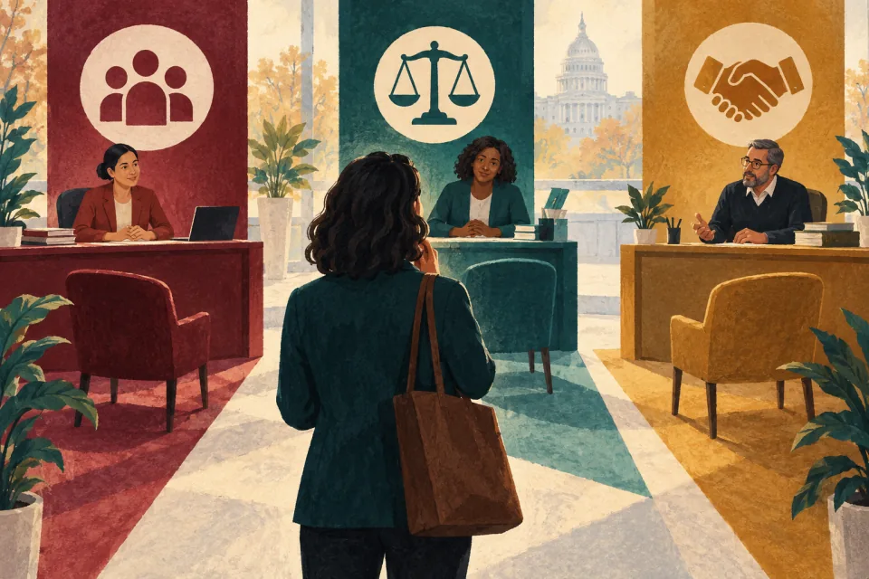 Editorial illustration: a worker stands at three distinct service desks represented by personnel support, a counselor and a worker representative.
