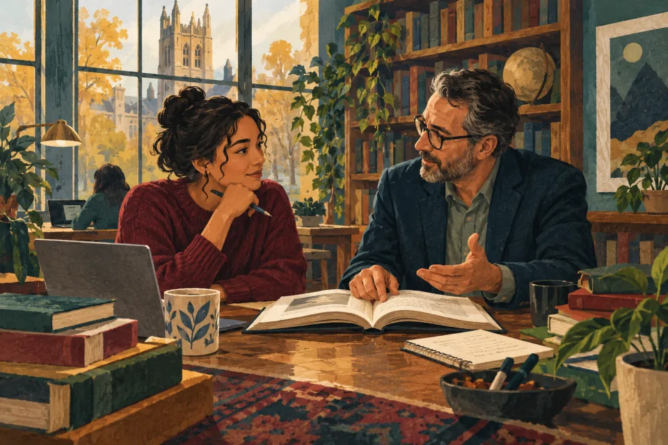 Editorial illustration: a first-generation student builds an academic connection with a mentor in a library, with an open book between them.