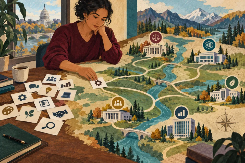 Editorial illustration: a professional sorts their existing skills into several possible career paths on an expansive tabletop map.