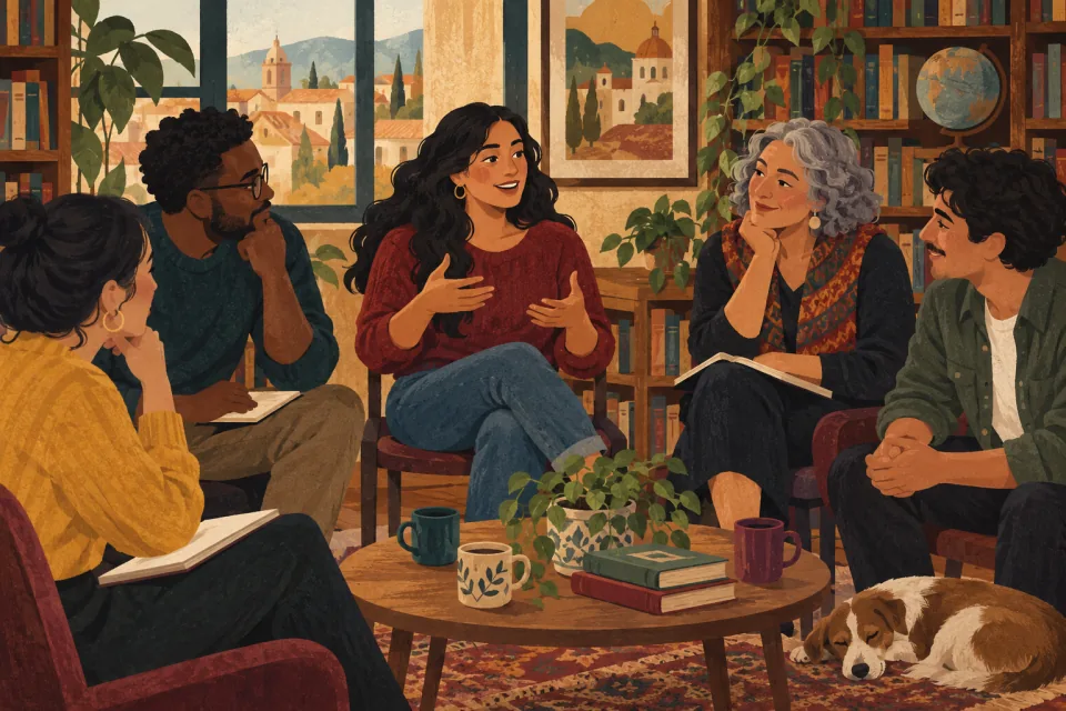 Editorial illustration: a small welcoming Spanish-practice circle listens patiently to a learner in a library room.