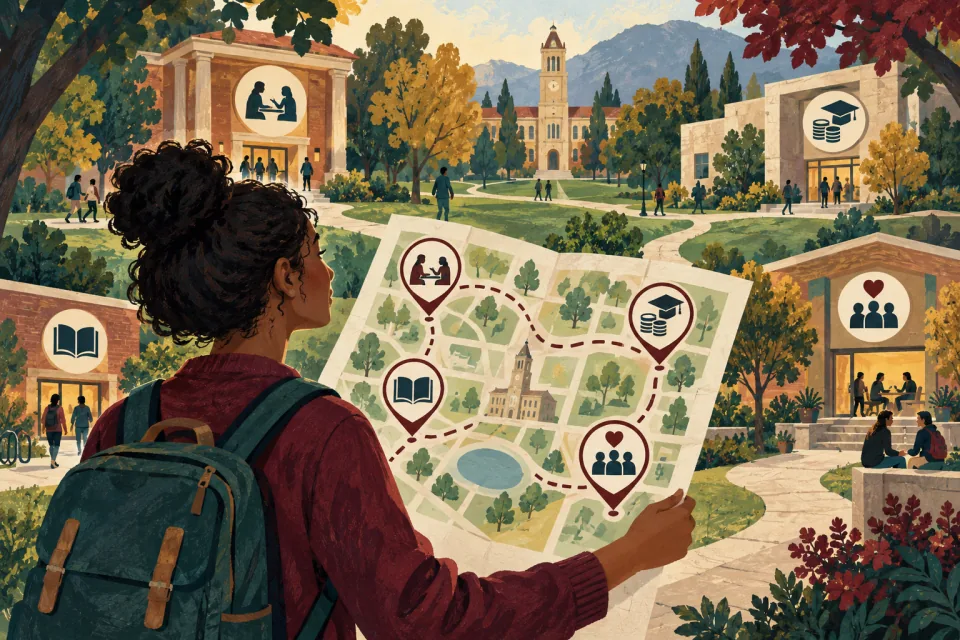 Editorial illustration: a first-generation college student follows a campus map connecting advising, financial aid, tutoring and a welcoming support office.